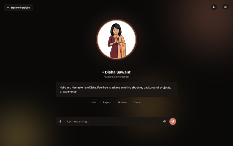 Disha Chat — AI avatar chatbot interface