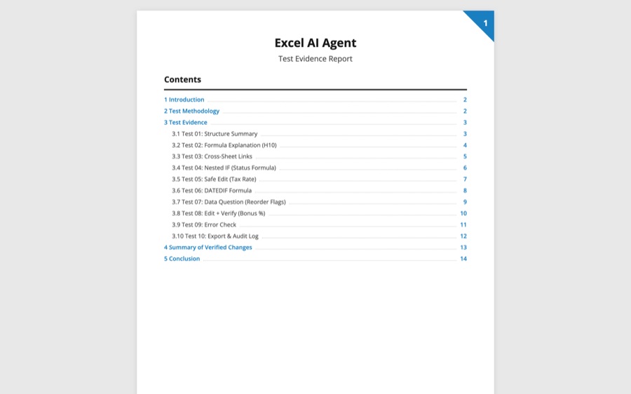 Excel AI Agent — test evidence report cover